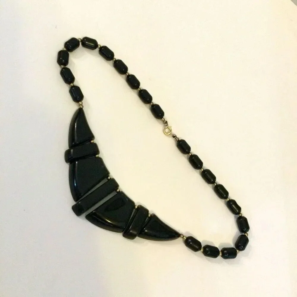 Vintage Womens Black Paddle Barrel Shape Beads Chunky Statement Necklace Jewelry